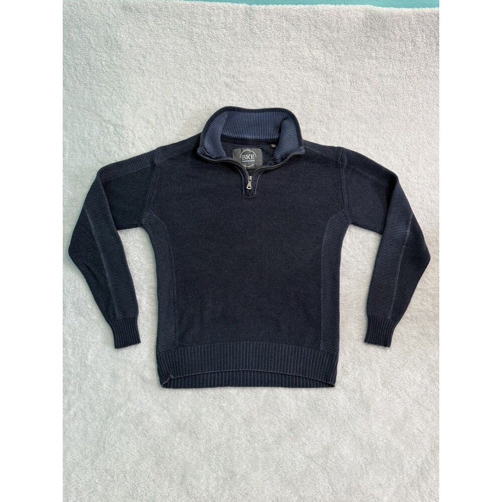 BKE Sweater Men Small Blue Quarter Zip Pullover Cotton Knit Buckle Athletic Fit